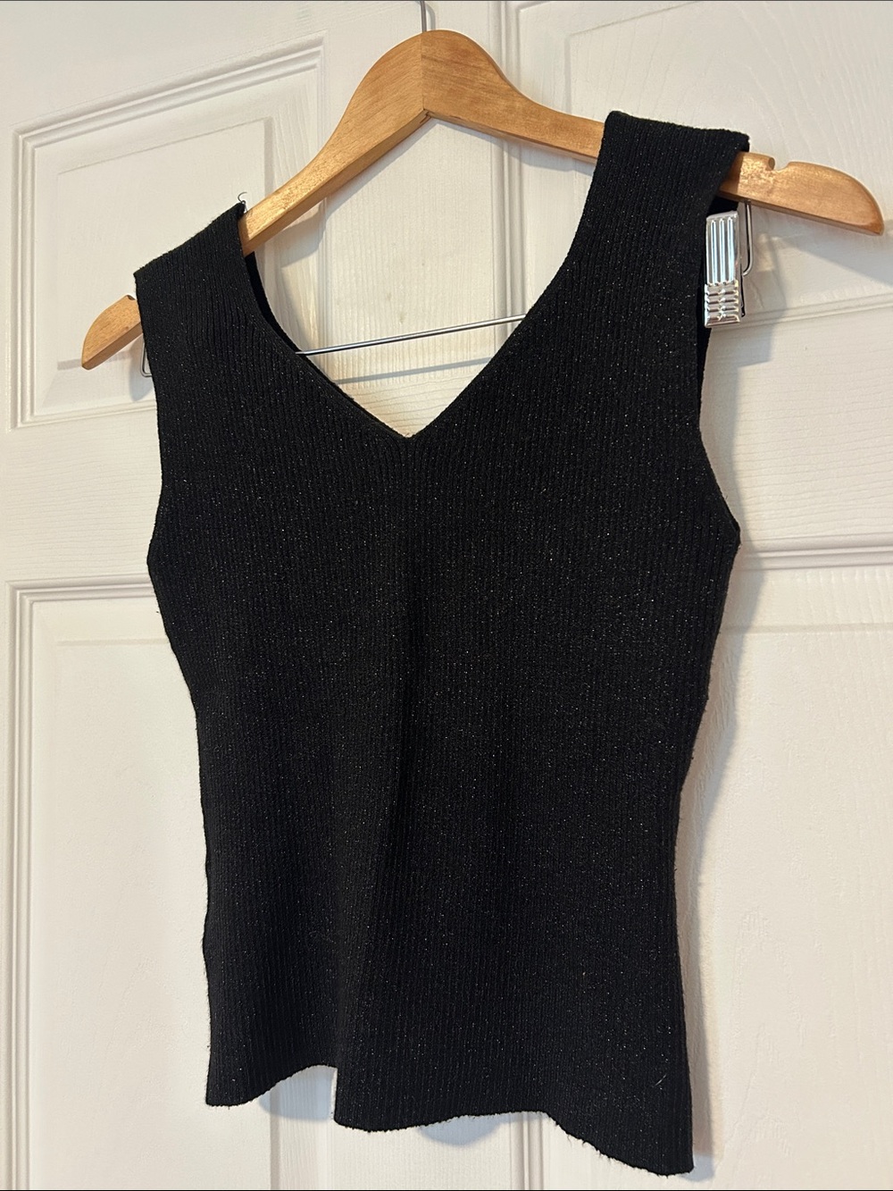 Black V-Neck Ribbed Knit Shimmer Tank